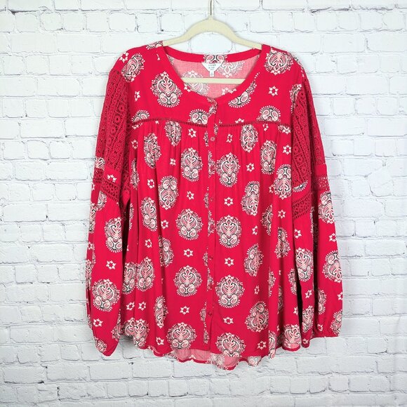 Crown & Ivy Blouse Womens Size 3X Red Crochet Trim Paisley Rayon Button Up Boho - Picture 1 of 16